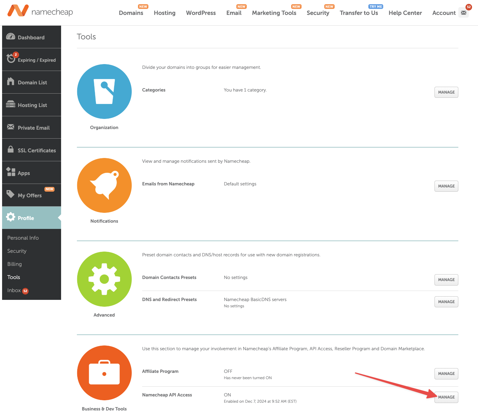 Namecheap Tools page highlighting API Access section